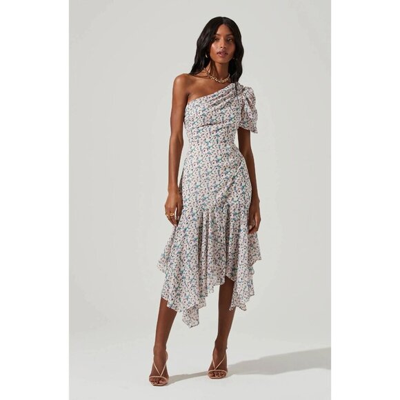 ASTR the Label SANTORINI FLORAL ONE SHOULDER MIDI DRESS Size Large - Picture 1 of 11